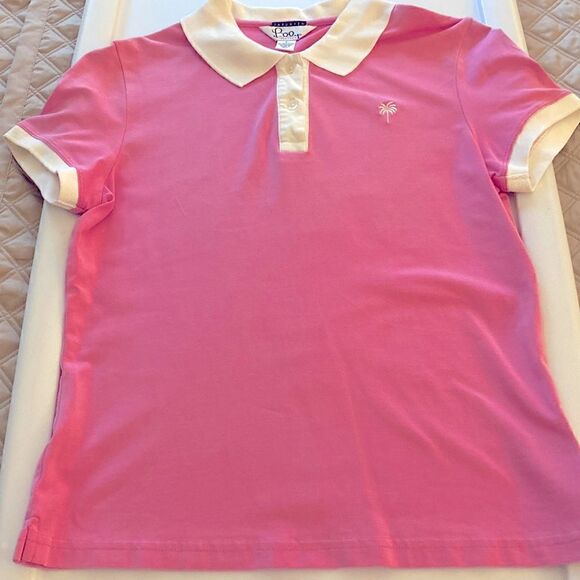 Lily Pulitzer Shrunken Cotton Polo Shirt in Barbie Pink with White Trim. Size S. - Picture 1 of 7